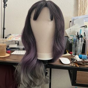 Purple + Grey Ombre with Black Roots and Bangs Synthetic